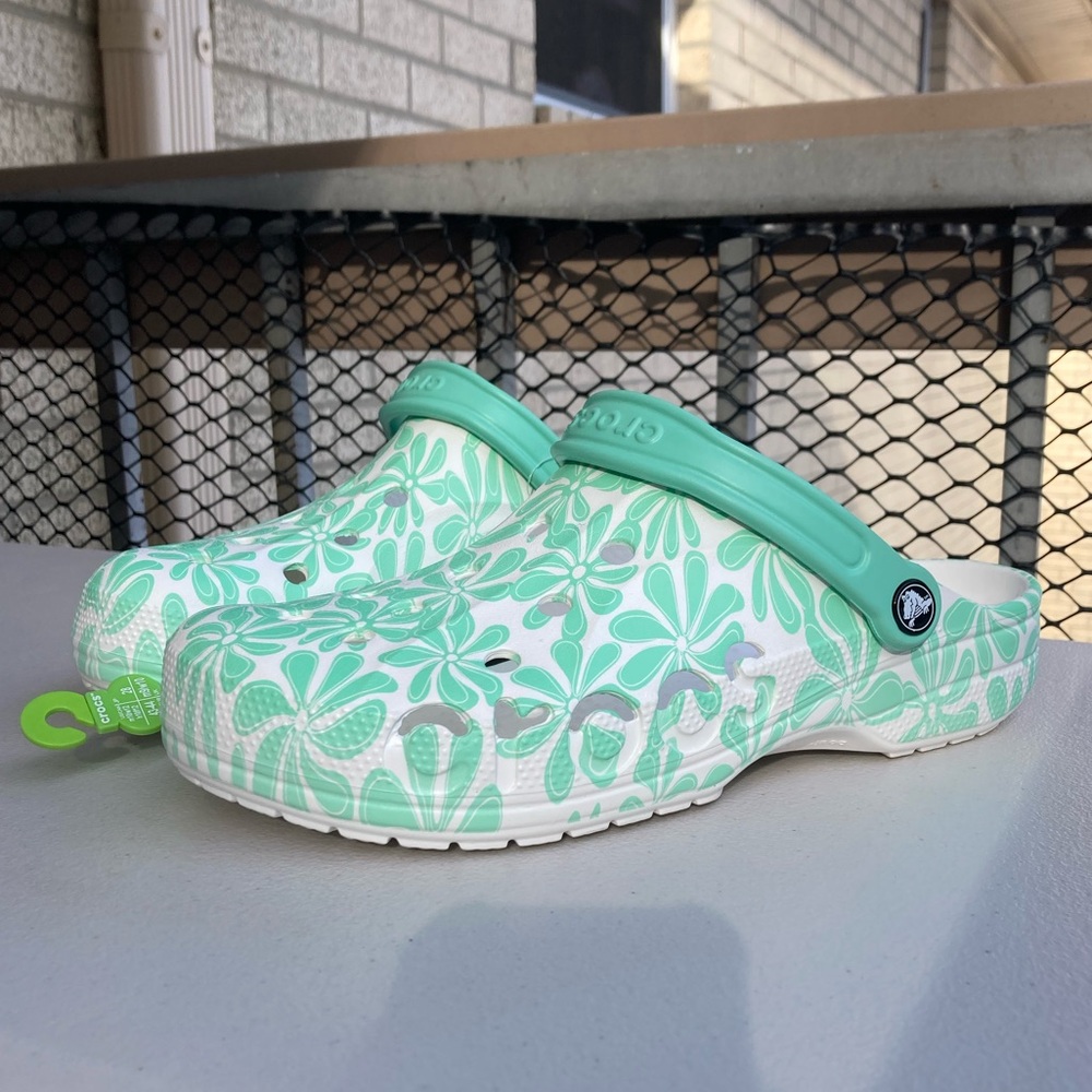 Crocs Baya White with Teal Flowers Floral Slip On Crocs